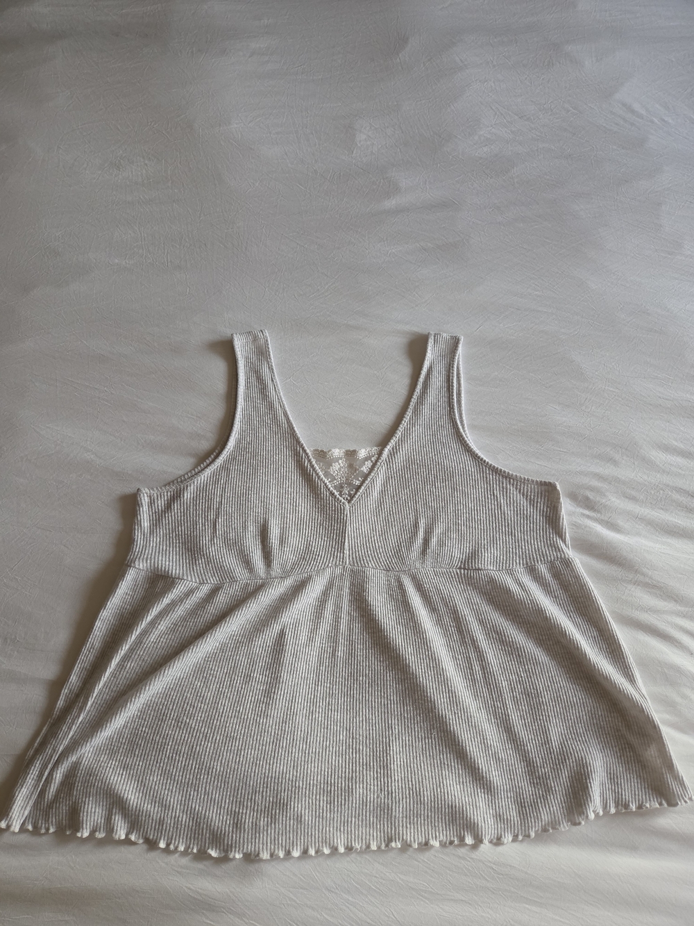 Maurices V-Neck Sleeveless Knit Tank Top With Lace Inset- White And Gray